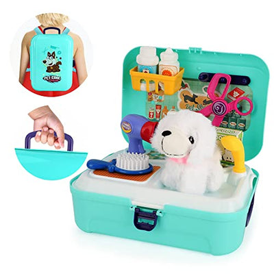 Animal care role play toy 16pcs, veterinarian playset, care feeding puppy dog backpack game, educational toy