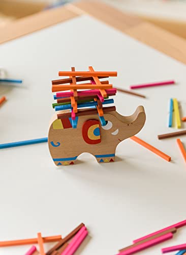 Elephant stack toy wood to learn dexterity with sticks Colorful