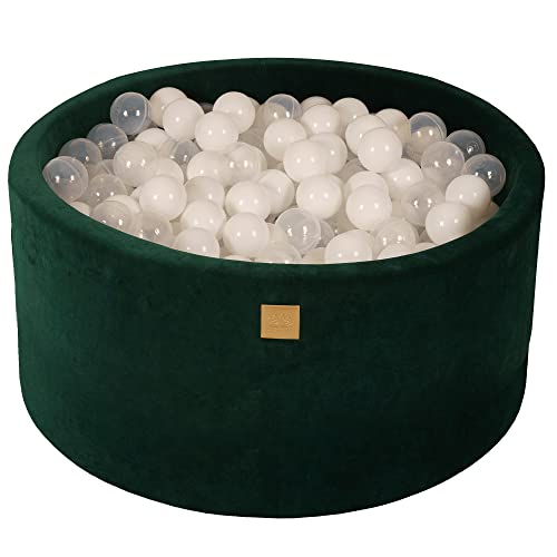 Ball Pool Baby - Round 90x40cm Baby Pool for Kids with 200 Balls, Velvet, Dark Green: White/Transparent