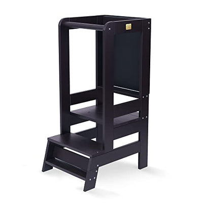 Learning Tower for Kids - Baby Adjustable Natural Wood Learning Tower with Blackboard, Toddler Stable Learning Chair for Kitchen, Babies Safe and Practical Kitchen Tower, Black