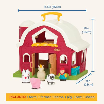 Large barn with farm animals pig, horse, cow, sheep and farmer