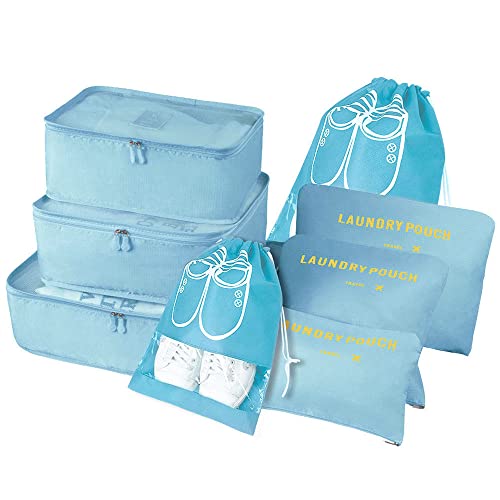 Organisateur de valise, 8-en-1 Set Organisateur de bagages, Sacs de vêtements de voyage imperméables comprenant 2 sacs à chaussures, 3 cubes d'emballage et 3 sacs de rangement, pour vêtements, chaussures, cosmétiques - Bleu coréen