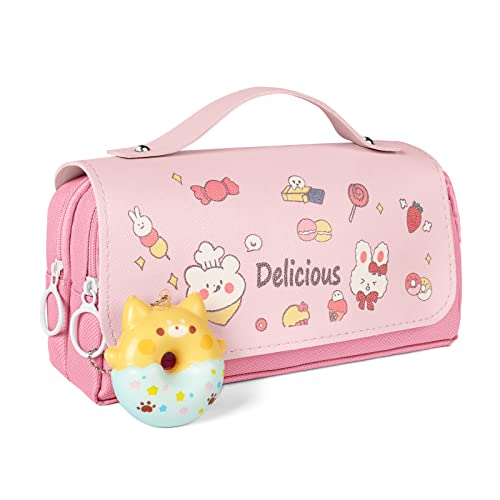 Pencil case with 3 compartments,  stationery bag, cute doughnut pencil case for school teenager