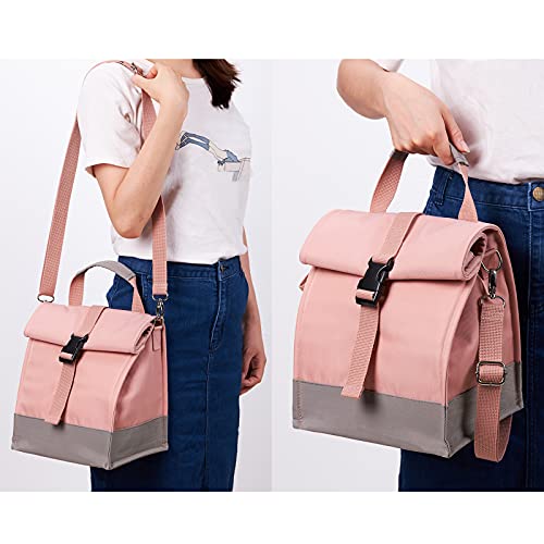 Cooler Bag Small Large Lunch Bag 10L Roll Top Picnic Bag Expandable Lunch Bag For Work, School, Picnic, Outing Food Transportation, Pink Gray