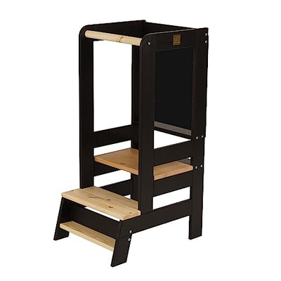 Tour d'apprentissage pour enfants – Tour d'apprentissage réglable pour bébé en bois naturel avec tableau noir, chaise d'apprentissage stable pour la cuisine, tour de cuisine pratique et sûre pour bébés, noir-naturel 