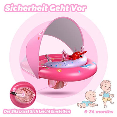 Schwimmring Baby mit UPF50+ Sonnendach & Spielzeug, Schwimmhilfe Baby für Pool, Kleinkind Pool