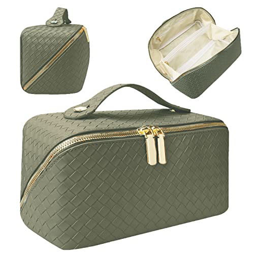 Cosmetic bag, travel makeup bag with handle and dividers, portable waterproof leather toilet bags for travel, vocation etc. (braid series, olive green)