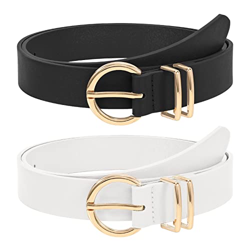 2 pieces leather belt golden buckle leather belt for jeans pants dress, black+white 100cm