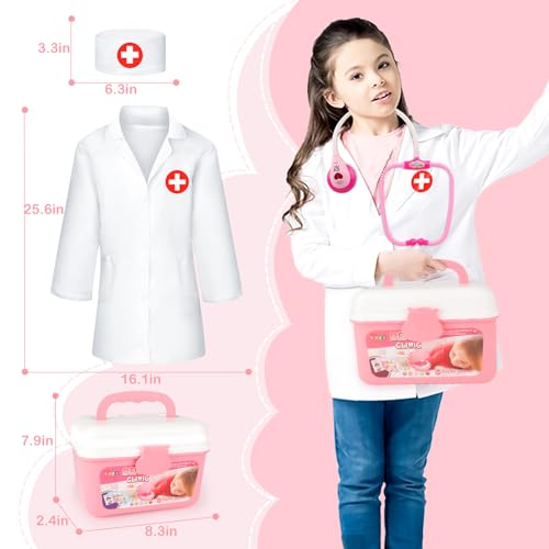 Coffret de jeux de rôle pour enfants pour dentistes, chirurgiens et vétérinaires, 30 pièces avec lumière et son, comprenant un stéthoscope électronique, une casquette de laboratoire et un équipement de jeu médical (rose). 