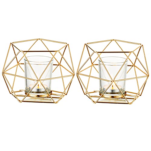 Tealight holder Candle holder Metal - Set of 2 Geometric Tealight Candle Holder Pillar Candle Lantern Modern Geo Deco