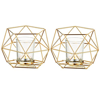 Tealight holder Candle holder Metal - Set of 2 Geometric Tealight Candle Holder Pillar Candle Lantern Modern Geo Deco