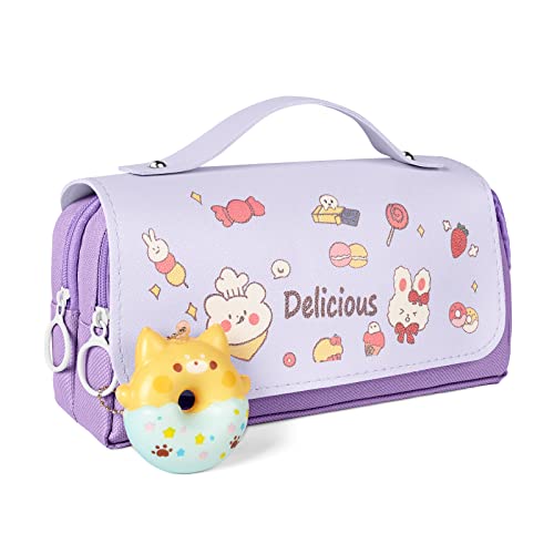 Pencil case with 3 compartments,  stationery bag, cute doughnut pencil case for school teenager