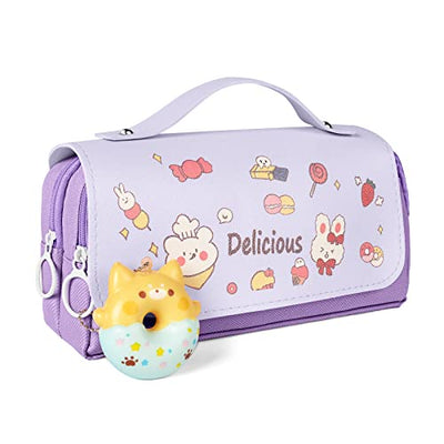 Pencil case with 3 compartments,  stationery bag, cute doughnut pencil case for school teenager