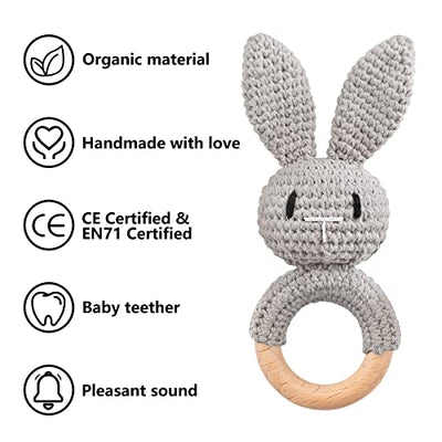 Rattle baby wooden toy teether baby handmade rabbit rattle grasping toy