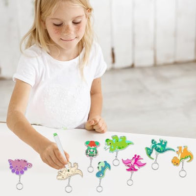 Dino keychain children, 26 pieces dinosaur wood craft set, dinosaur wood to paint, dinosaur keychain craft