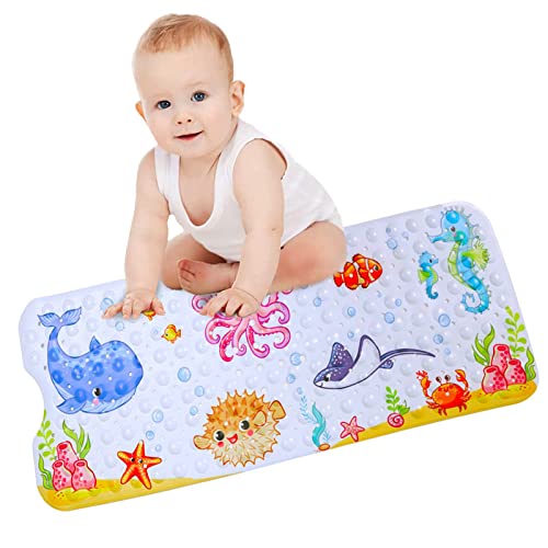 Bath Mat for Tub for Kids Cartoon Anti Slip Baby Bath Mat Extra Long Anti Slip Bathroom Toddler Shower Floor Mat with Suction Cups Drainage Holes