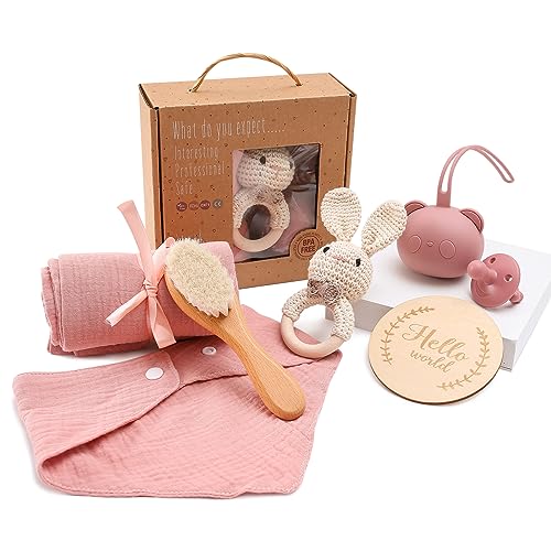 Baby Gift for Birth 7-in-1 Baby Gifts Bath Shower Set Muslin Cloth, Bib, Rattle Pacifier with Bag