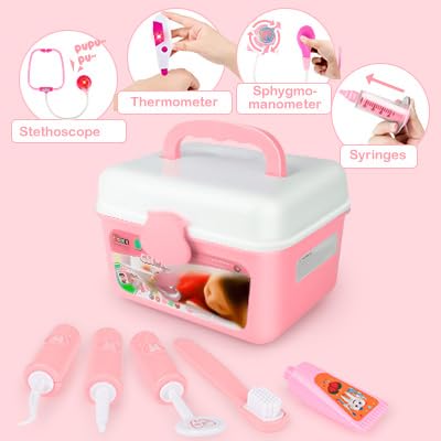 Coffret de jeux de rôle pour enfants pour dentistes, chirurgiens et vétérinaires, 30 pièces avec lumière et son, comprenant un stéthoscope électronique, une casquette de laboratoire et un équipement de jeu médical (rose). 