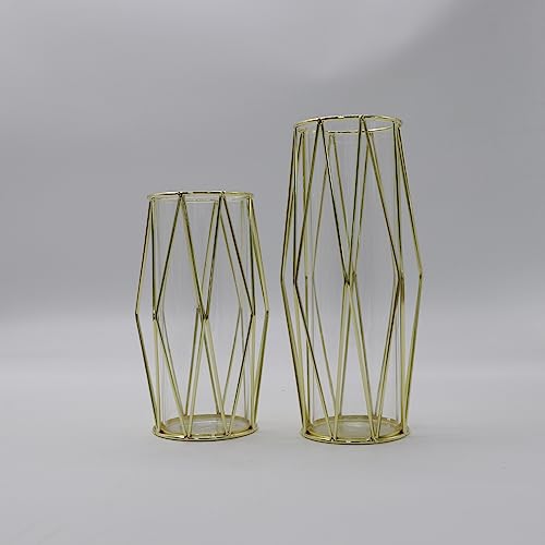 2Pcs/Set Vase For Pampas Grass, Glass Gold Vase High Bottom Vase With Geometric Metal Frame Stand