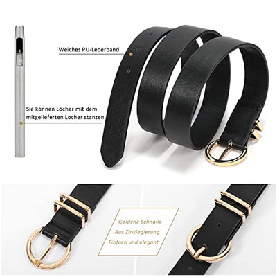 2 pieces leather belt golden buckle leather belt for jeans pants dress, black+white 100cm