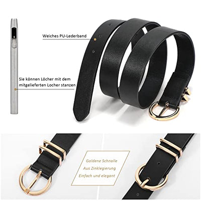 2 pieces leather belt golden buckle leather belt for jeans pants dress, black/white, 150cm