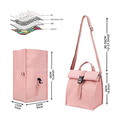 Cooler Bag Small Large Lunch Bag 10L Roll Top Picnic Bag Expandable Lunch Bag for Work, School, Picnic, Outing Food Transportation, Pink