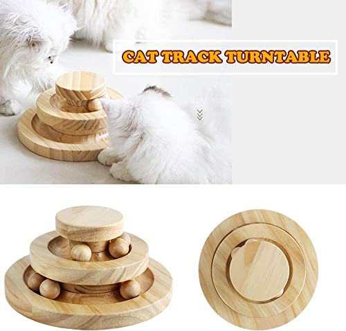 Interactive wooden cat toy double layer rotating smart track ball rocking roller gifts turntable for cats