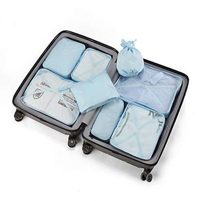 Organisateur de valise, sacs à vêtements pour le voyage, 8 pièces, 7 couleurs, organisateur de bagages de voyage incluant un sac de rangement de chaussures imperméable, sacs de compression pratiques pour les voyageurs, bleu clair