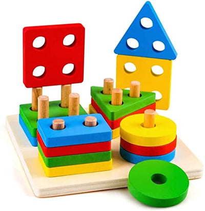 Kids Wooden Stacking Toy Colorful Shape Sorter Stacker