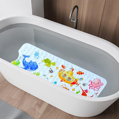 Bath Mat for Tub for Kids Cartoon Anti Slip Baby Bath Mat Extra Long Anti Slip Bathroom Toddler Shower Floor Mat with Suction Cups Drainage Holes