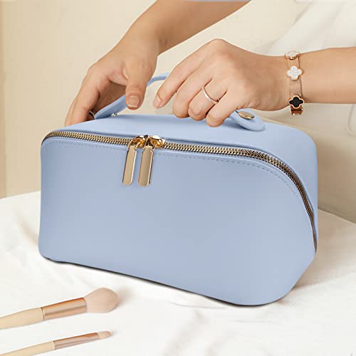 Portable Cosmetic Bag, Travel Make Up Bag, Multifunction Leather Makeup Bag Makeup with Large Capacity, Makeup Bag Organizer for Travel, Appointment etc (Blue)