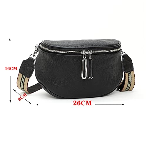 Black Crossbody Bag Wide Strap Chest Bag Leather Bum Bag Ladies Stylish Elegant