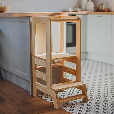 Learning Tower for Kids - Baby Adjustable Learning Tower Natural Wood, Toddler Stable Learning Chair for Kitchen, Babies Safe and Practical Kitchen Tower, Natural