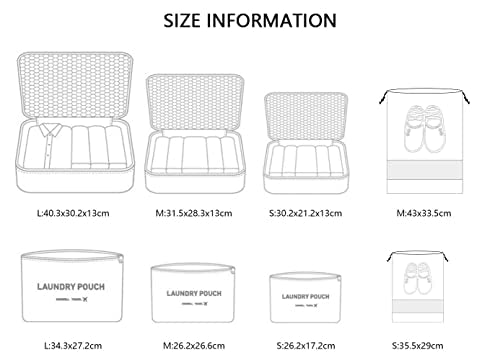 Organisateur de valise, 8-en-1 Set Organisateur de bagages, Sacs de vêtements de voyage imperméables comprenant 2 sacs à chaussures, 3 cubes d'emballage et 3 sacs de rangement, pour les vêtements, les chaussures, les cosmétiques, Rose Red