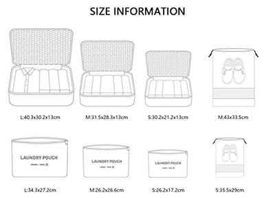 Organisateur de valise, 8-en-1 Set Organisateur de bagages, Sacs de vêtements de voyage imperméables comprenant 2 sacs à chaussures, 3 cubes d'emballage et 3 sacs de rangement, pour les vêtements, les chaussures, les cosmétiques, Rose Red