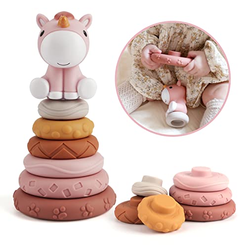 7 Piece stacking toys with rings, squeeze teething baby toys, nesting circle building circle with horse figure, early education toys gifts for 6 12 18 months baby toddler