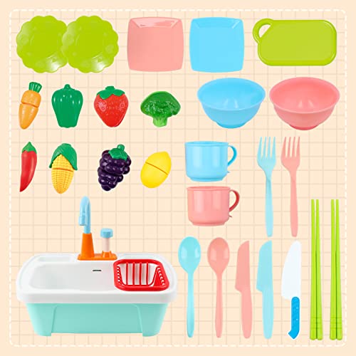 28 piece kitchen sink playset with cutting toys, kitchenware, faucet and drain