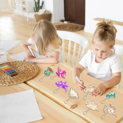 Dino keychain children, 26 pieces dinosaur wood craft set, dinosaur wood to paint, dinosaur keychain craft