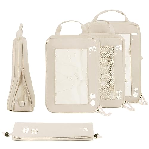 5-teiliges Kompressionskoffer-Organisatorenset für Rucksack Kompressionspackwürfel Packwürfel Kofferorganisator Packsäcke Kleidersäcke für Koffer Reiseorganisator (Beige)