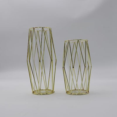 2Pcs/Set Vase For Pampas Grass, Glass Gold Vase High Bottom Vase With Geometric Metal Frame Stand