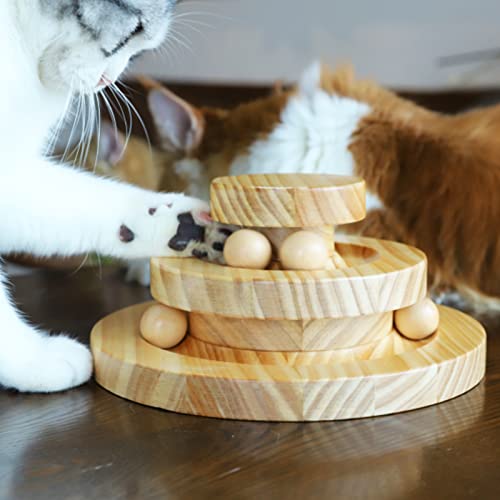 Interactive wooden cat toy double layer rotating smart track ball rocking roller gifts turntable for cats