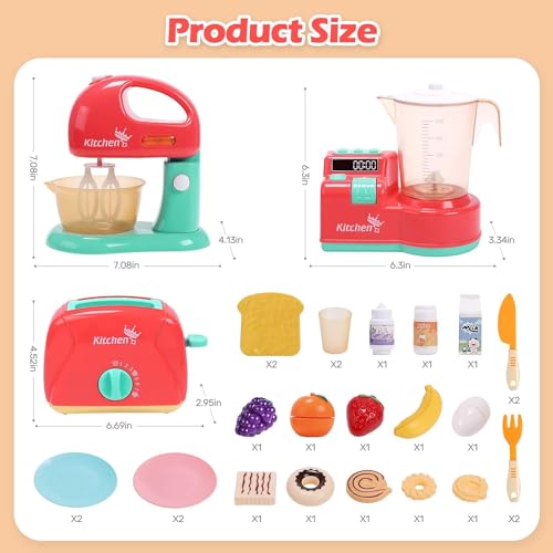 Toy Kitchen Tools Playset, Kids Kitchen Toy Mixer and Mixer with Sound and Light, Play Toaster, Cutting Play Food, Toddler Play Kitchen Accessories Set