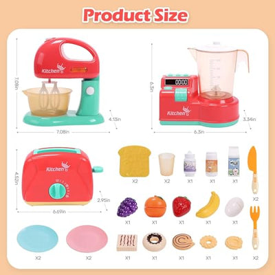 Toy Kitchen Tools Playset, Kids Kitchen Toy Mixer and Mixer with Sound and Light, Play Toaster, Cutting Play Food, Toddler Play Kitchen Accessories Set