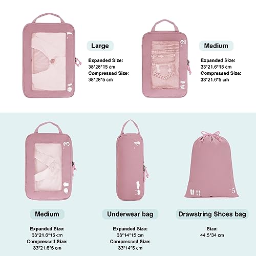 5-teiliges Kompressionskoffer-Organisatorenset für Rucksack Kompressionspackwürfel Packwürfel Kofferorganisator Packsäcke Kleidersäcke für Koffer Reiseorganisator (Rosa)