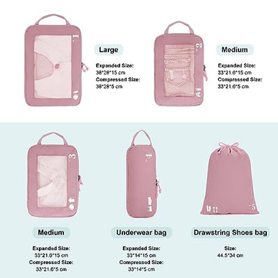 5-teiliges Kompressionskoffer-Organisatorenset für Rucksack Kompressionspackwürfel Packwürfel Kofferorganisator Packsäcke Kleidersäcke für Koffer Reiseorganisator (Rosa)