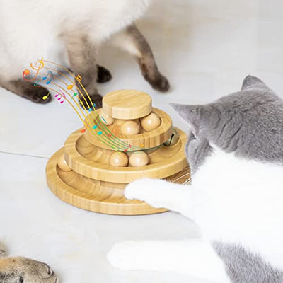 Cat Toy Self Occupation, Interactive Wooden Cat Toy THREE Tiers Rotatable Smart Track Ball Rocking Roller With Bells