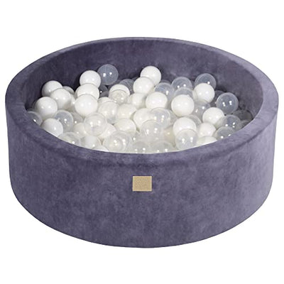 Bain à balles rond en mousse souple 90 x 30 cm avec 200 balles pour bébés et tout-petits - Essentiels pour parc et salle de jeux pour bébé, bains à balles en mousse pour enfants, velours, gris bleu : blanc/transparent 