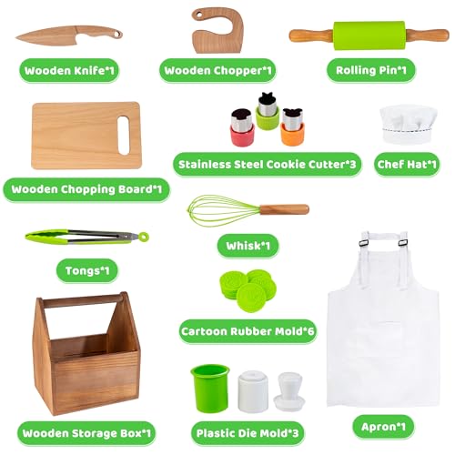 Children's Kitchen Accessories, Wooden Toy with Chef's Hat, Apron, Child Safety Knife, Shapes