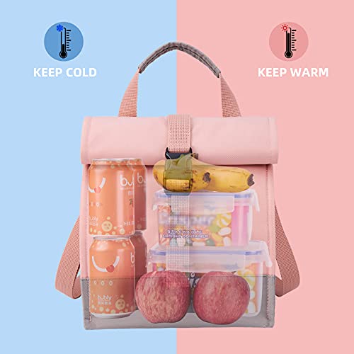 Cooler Bag Small Large Lunch Bag 10L Roll Top Picnic Bag Expandable Lunch Bag For Work, School, Picnic, Outing Food Transportation, Pink Gray