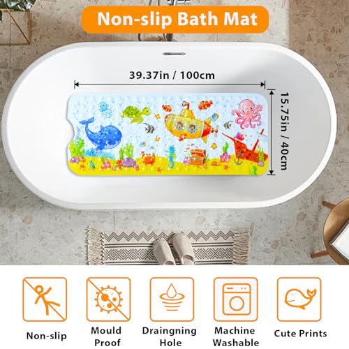 Bath Mat for Tub for Kids Cartoon Anti Slip Baby Bath Mat Extra Long Anti Slip Bathroom Toddler Shower Floor Mat with Suction Cups Drainage Holes